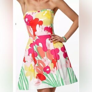 Lilly Pulitzer “Blossum” Strapless Floral Midi Dress. Size 4